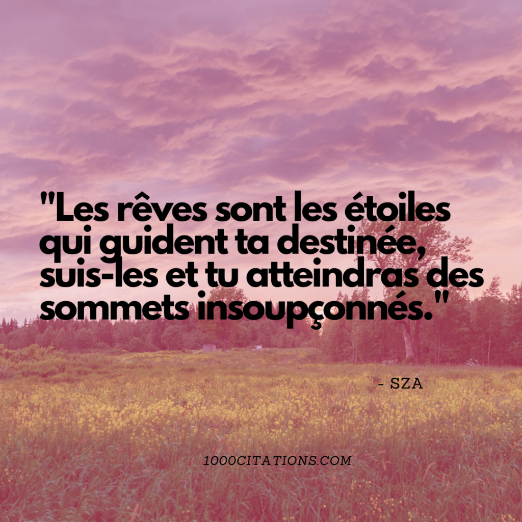 Les 200 meilleures citations et paroles de SZA pour booster tes publications Instagram et t'inspirer dans ton quotidien 4 Les rêves sont les étoiles qui guident ta destinée, suis-les et tu atteindras des sommets insoupçonnés. - SZA
